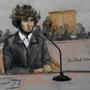 Boston Marathon bombing suspect Dzhokhar Tsarnaev was depicted in a courtroom sketch attending a pre-trial hearing last week.